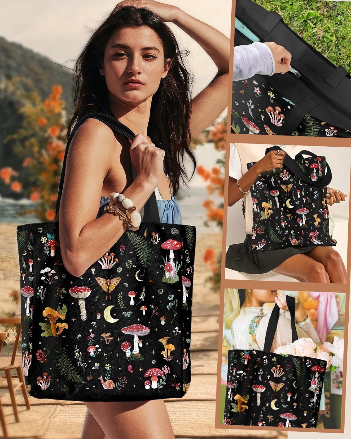image:imageMiss Adola Large Canvas Tote Bag for Women with Zipper and Inner Pocket Aesthetic Cute Shoulder Bag for Shopping DailyBlack Mushroom