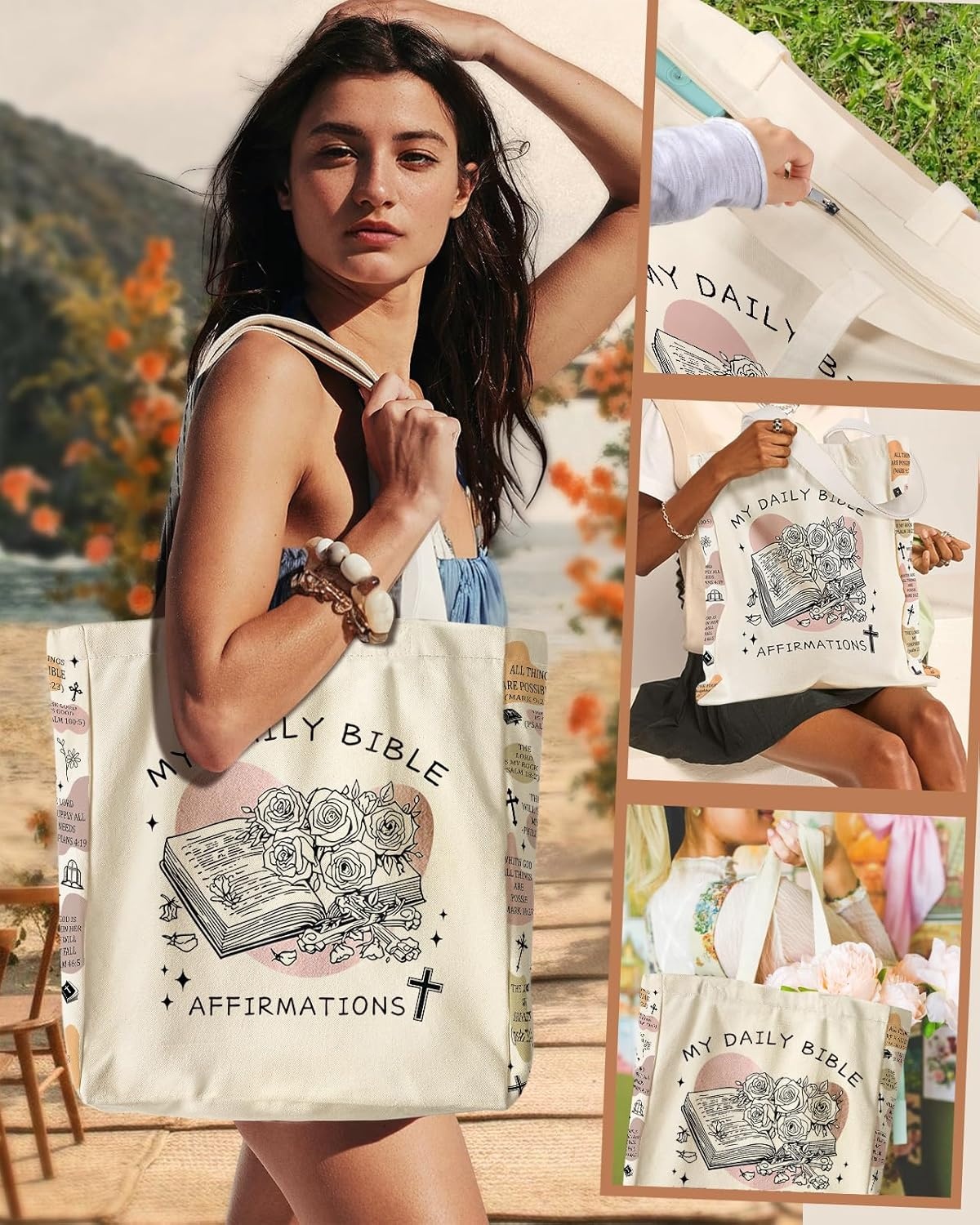 image:imageMiss Adola Large Canvas Tote Bag for Women with Zipper and Inner Pocket Aesthetic Cute Shoulder Bag for Shopping DailyBook Biblical Texts