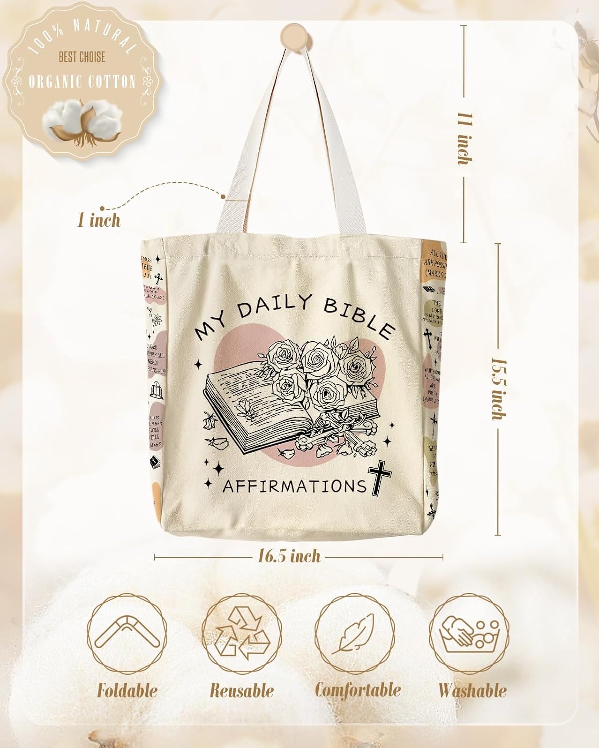 image:imageMiss Adola Large Canvas Tote Bag for Women with Zipper and Inner Pocket Aesthetic Cute Shoulder Bag for Shopping DailyBook Biblical Texts