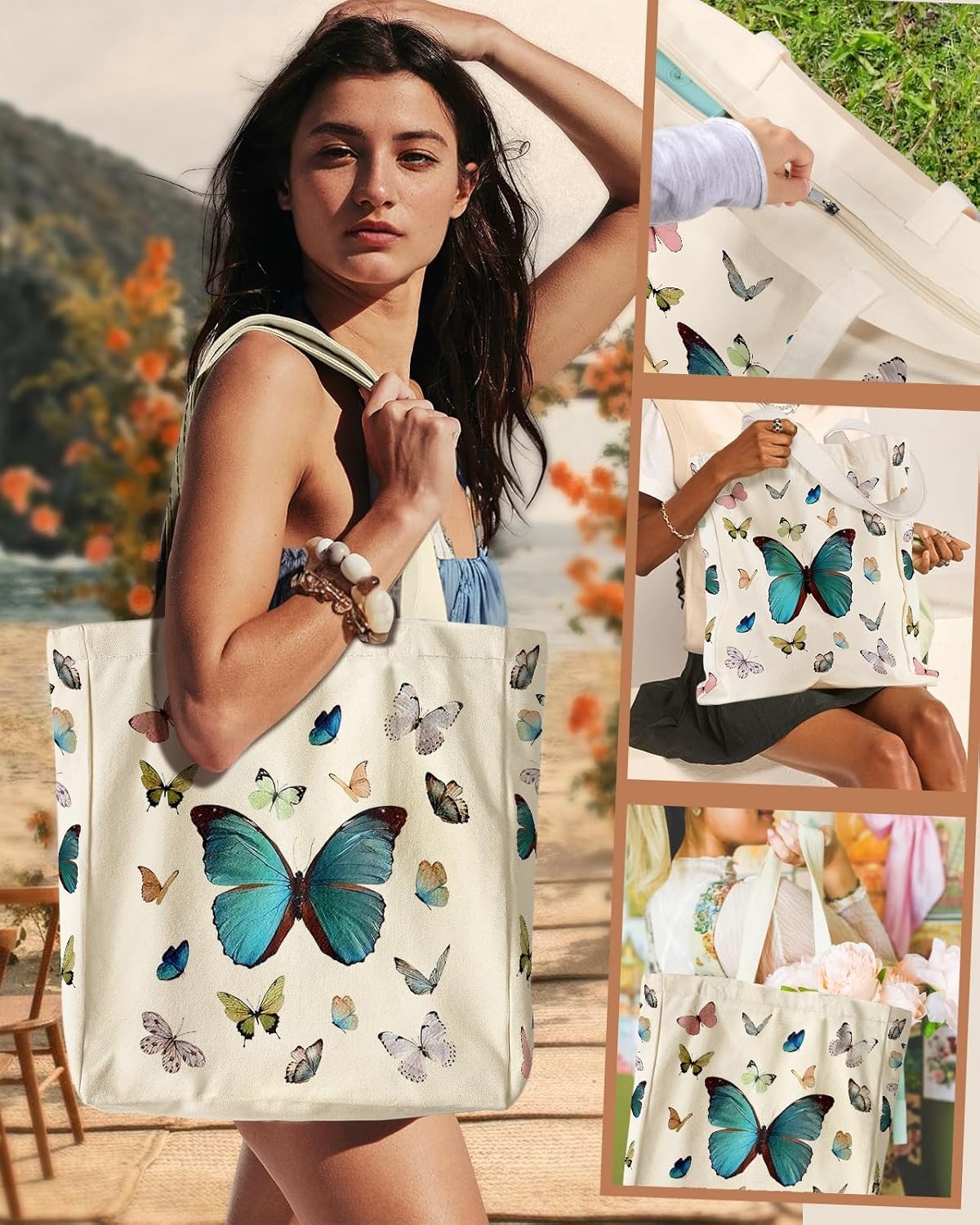 image:imageMiss Adola Large Canvas Tote Bag for Women with Zipper and Inner Pocket Aesthetic Cute Shoulder Bag for Shopping DailyButterfly Glitter