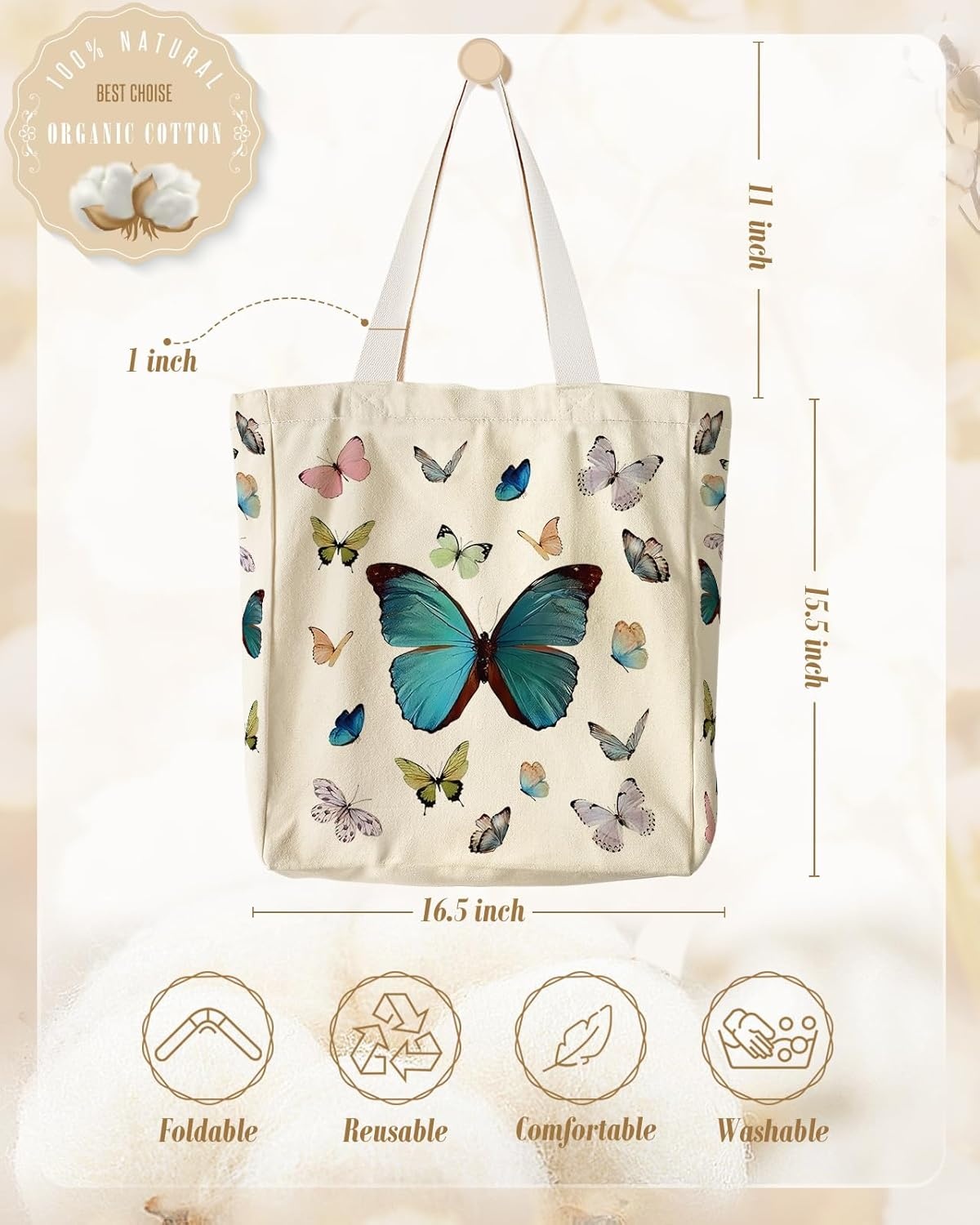 image:imageMiss Adola Large Canvas Tote Bag for Women with Zipper and Inner Pocket Aesthetic Cute Shoulder Bag for Shopping DailyButterfly Glitter