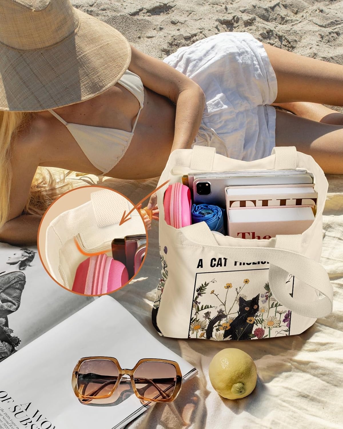 image:imageMiss Adola Large Canvas Tote Bag for Women with Zipper and Inner Pocket Aesthetic Cute Shoulder Bag for Shopping DailyCat in Grass