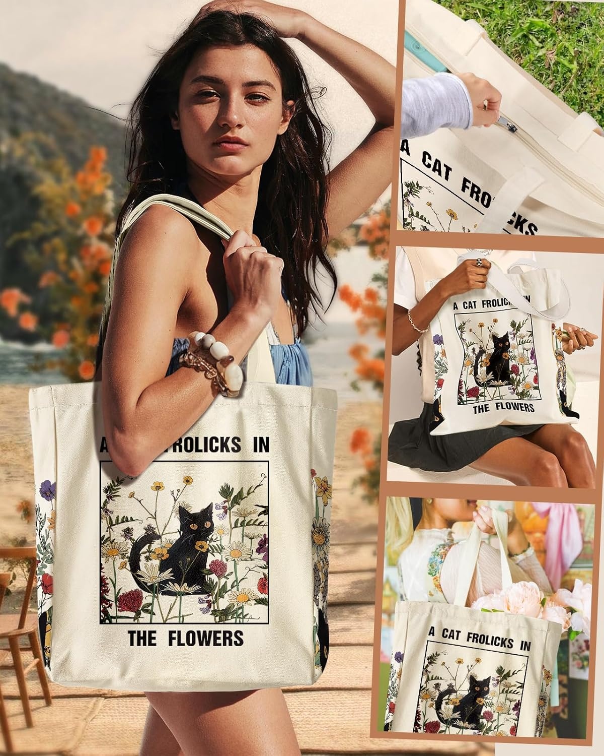image:imageMiss Adola Large Canvas Tote Bag for Women with Zipper and Inner Pocket Aesthetic Cute Shoulder Bag for Shopping DailyCat in Grass