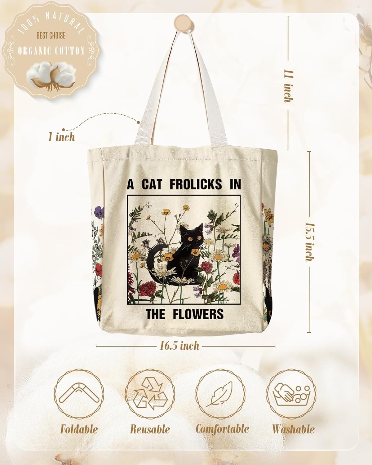 image:imageMiss Adola Large Canvas Tote Bag for Women with Zipper and Inner Pocket Aesthetic Cute Shoulder Bag for Shopping DailyCat in Grass