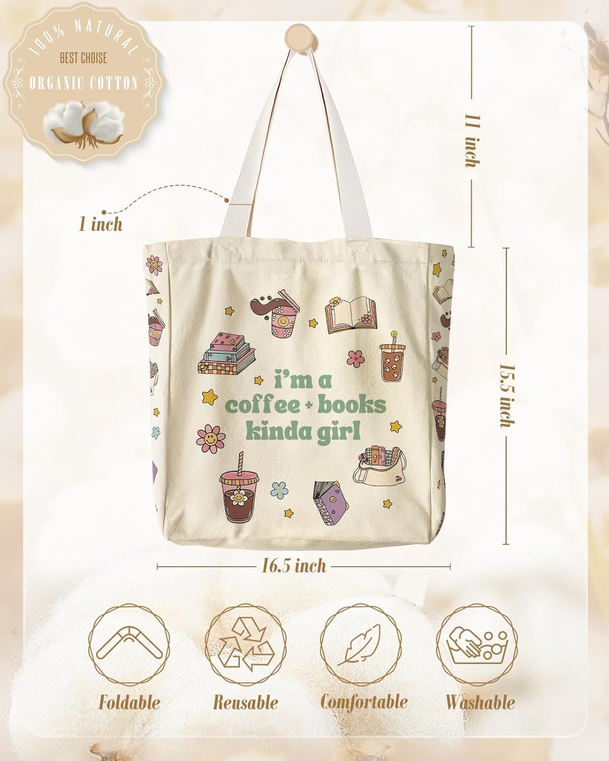image:imageMiss Adola Large Canvas Tote Bag for Women with Zipper and Inner Pocket Aesthetic Cute Shoulder Bag for Shopping DailyCoffee Book Girl