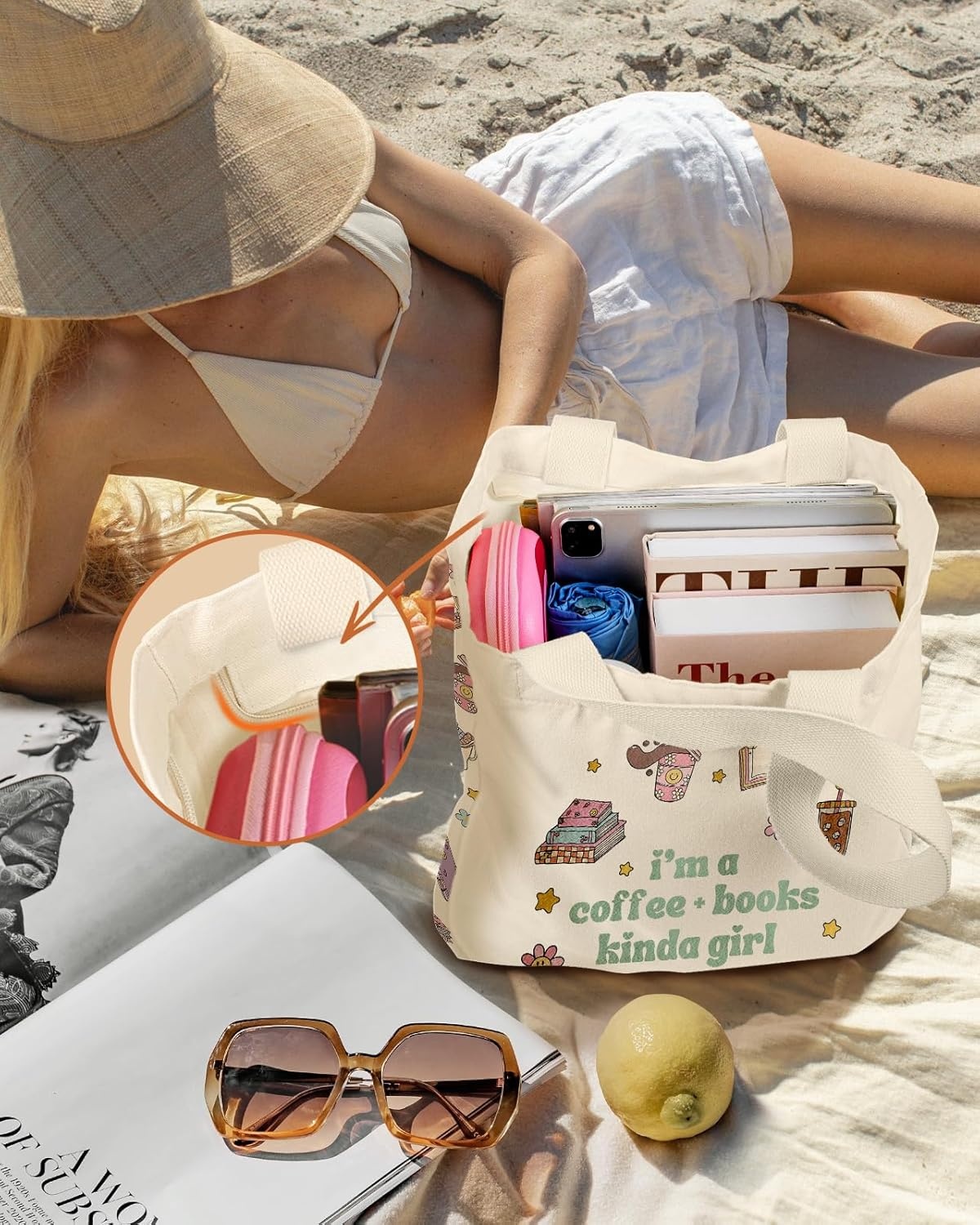 image:imageMiss Adola Large Canvas Tote Bag for Women with Zipper and Inner Pocket Aesthetic Cute Shoulder Bag for Shopping DailyCoffee Book Girl
