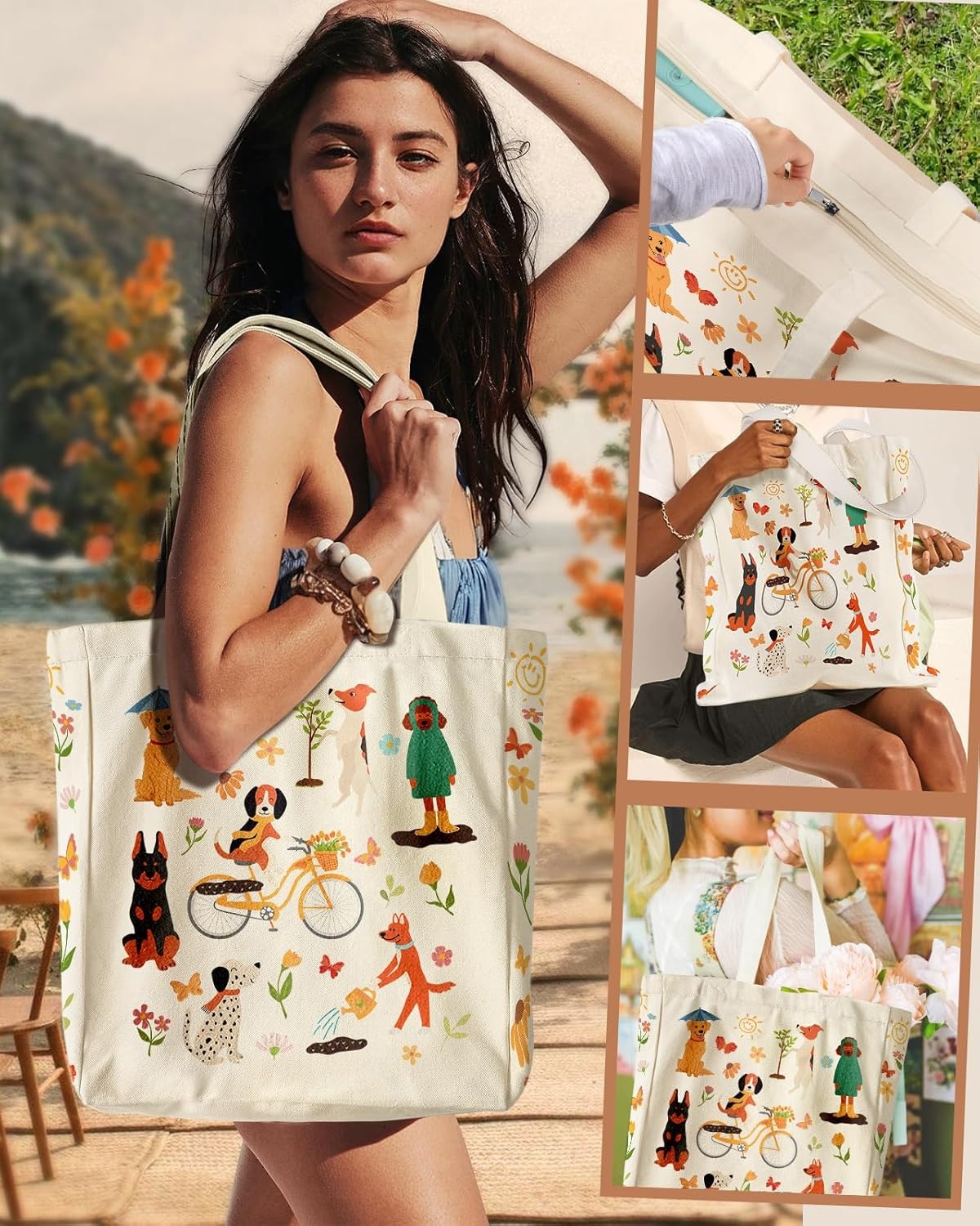 image:imageMiss Adola Large Canvas Tote Bag for Women with Zipper and Inner Pocket Aesthetic Cute Shoulder Bag for Shopping DailyCycling Puppy