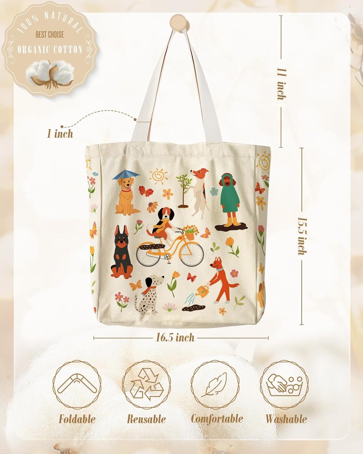 image:imageMiss Adola Large Canvas Tote Bag for Women with Zipper and Inner Pocket Aesthetic Cute Shoulder Bag for Shopping DailyCycling Puppy