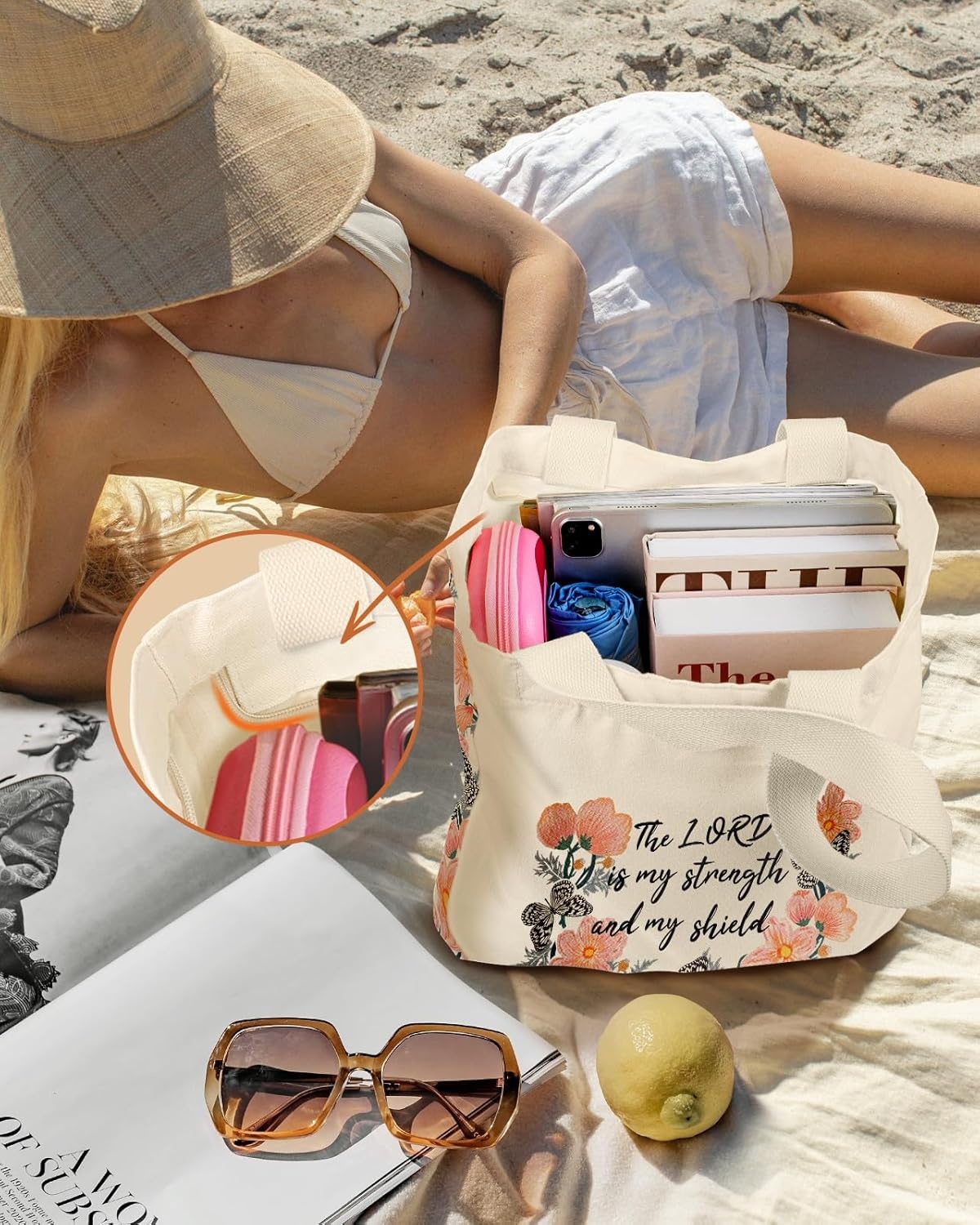 image:imageMiss Adola Large Canvas Tote Bag for Women with Zipper and Inner Pocket Aesthetic Cute Shoulder Bag for Shopping DailyFlower Biblical Texts