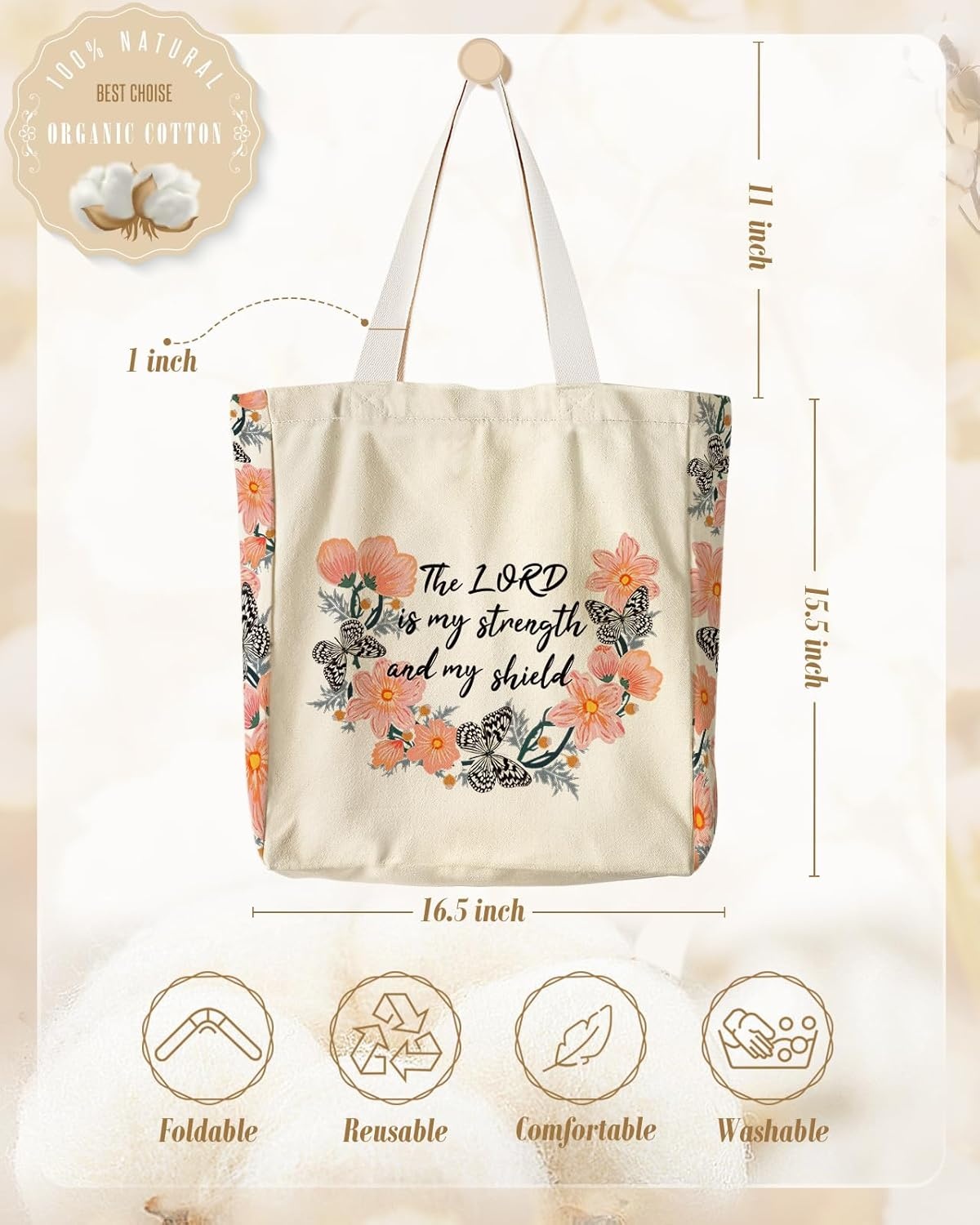 image:imageMiss Adola Large Canvas Tote Bag for Women with Zipper and Inner Pocket Aesthetic Cute Shoulder Bag for Shopping DailyFlower Biblical Texts