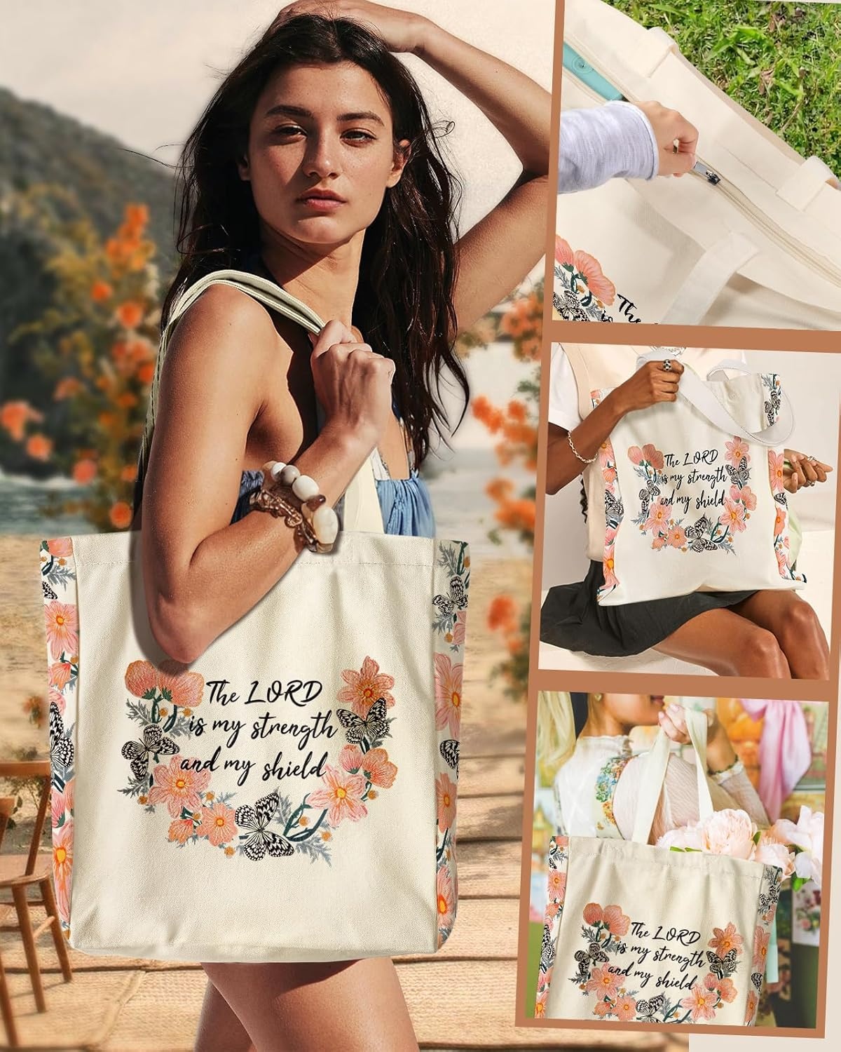 image:imageMiss Adola Large Canvas Tote Bag for Women with Zipper and Inner Pocket Aesthetic Cute Shoulder Bag for Shopping DailyFlower Biblical Texts