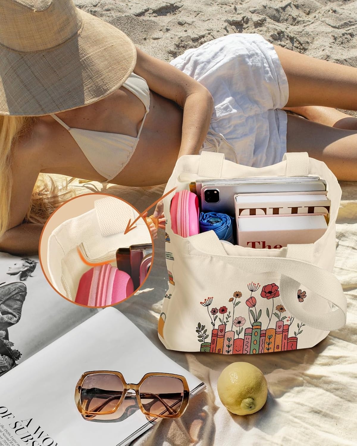 image:imageMiss Adola Large Canvas Tote Bag for Women with Zipper and Inner Pocket Aesthetic Cute Shoulder Bag for Shopping DailyFlower Book Text