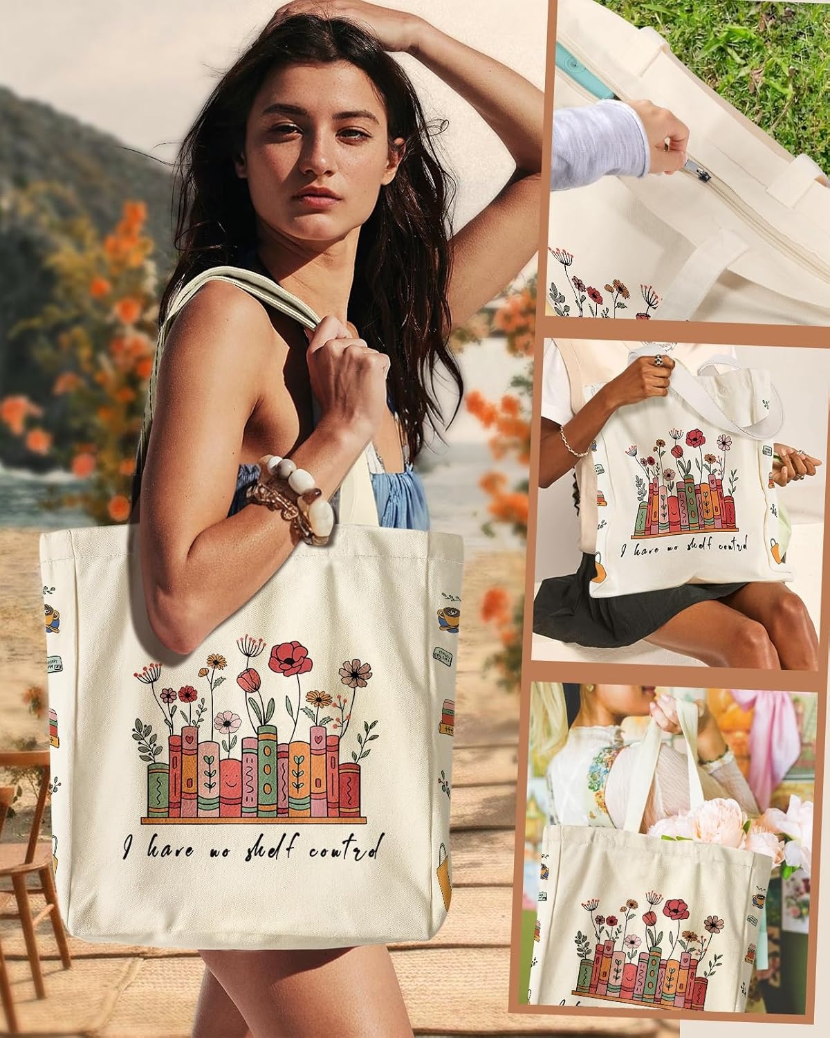 image:imageMiss Adola Large Canvas Tote Bag for Women with Zipper and Inner Pocket Aesthetic Cute Shoulder Bag for Shopping DailyFlower Book Text