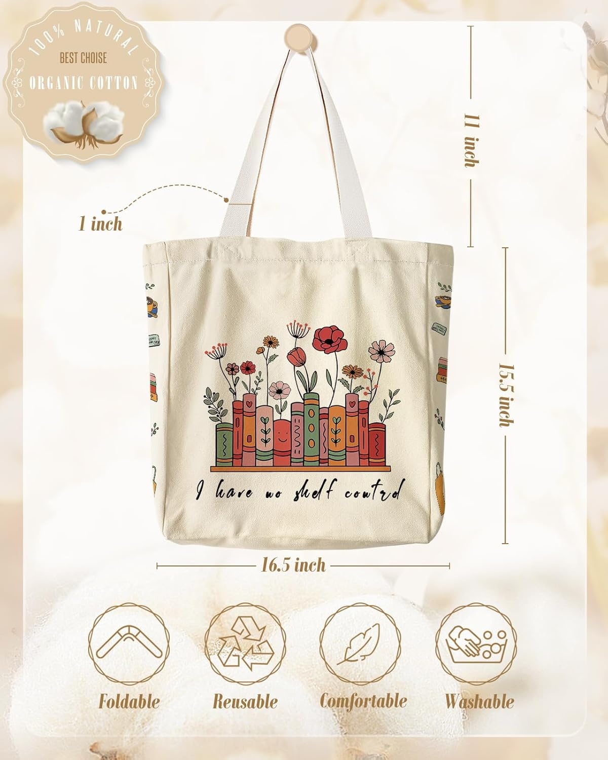 image:imageMiss Adola Large Canvas Tote Bag for Women with Zipper and Inner Pocket Aesthetic Cute Shoulder Bag for Shopping DailyFlower Book Text