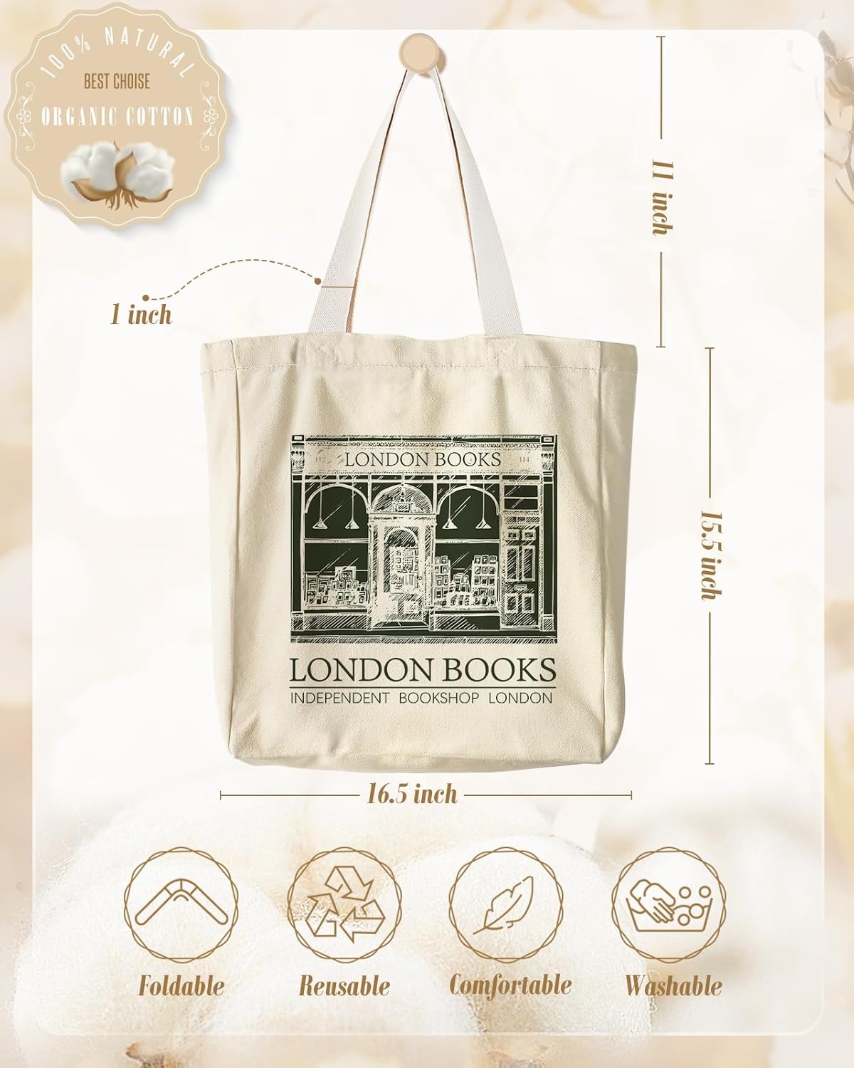 image:imageMiss Adola Large Canvas Tote Bag for Women with Zipper and Inner Pocket Aesthetic Cute Shoulder Bag for Shopping DailyLondon Book