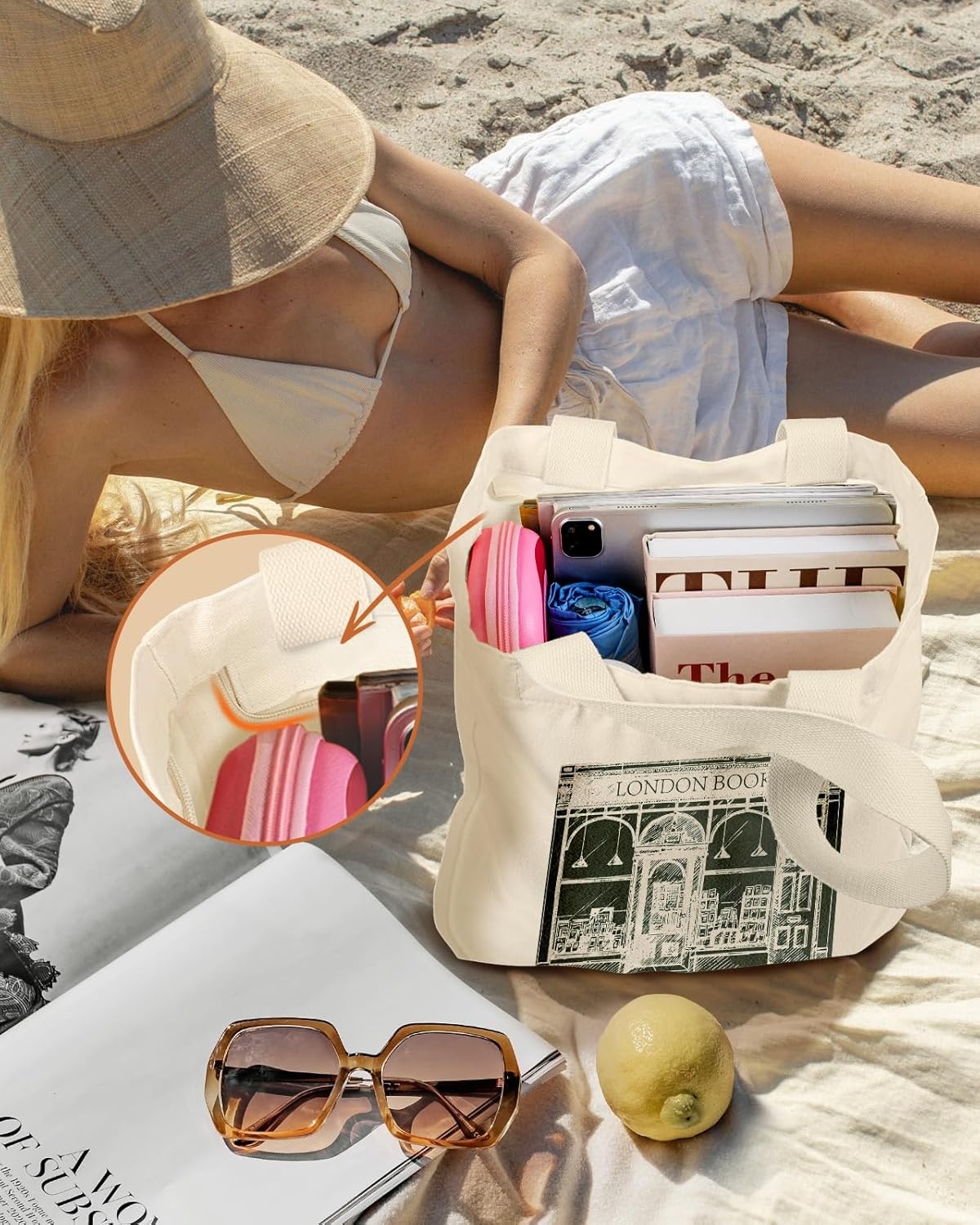 image:imageMiss Adola Large Canvas Tote Bag for Women with Zipper and Inner Pocket Aesthetic Cute Shoulder Bag for Shopping DailyLondon Book