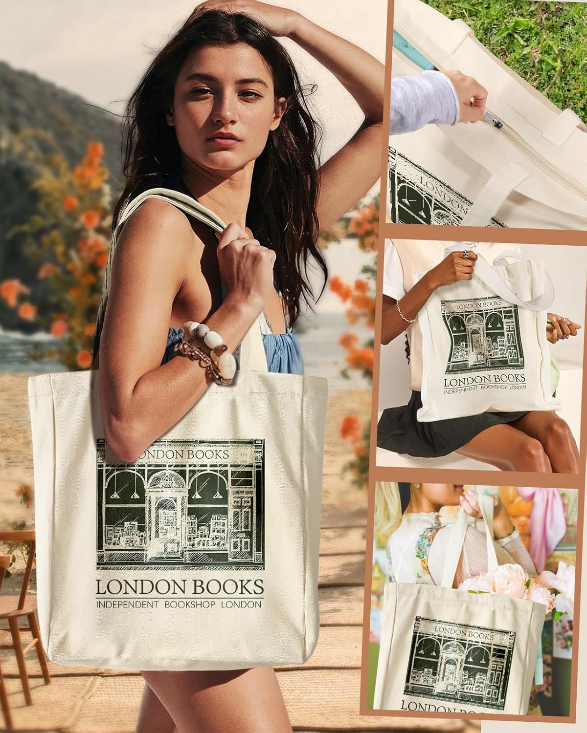 image:imageMiss Adola Large Canvas Tote Bag for Women with Zipper and Inner Pocket Aesthetic Cute Shoulder Bag for Shopping DailyLondon Book