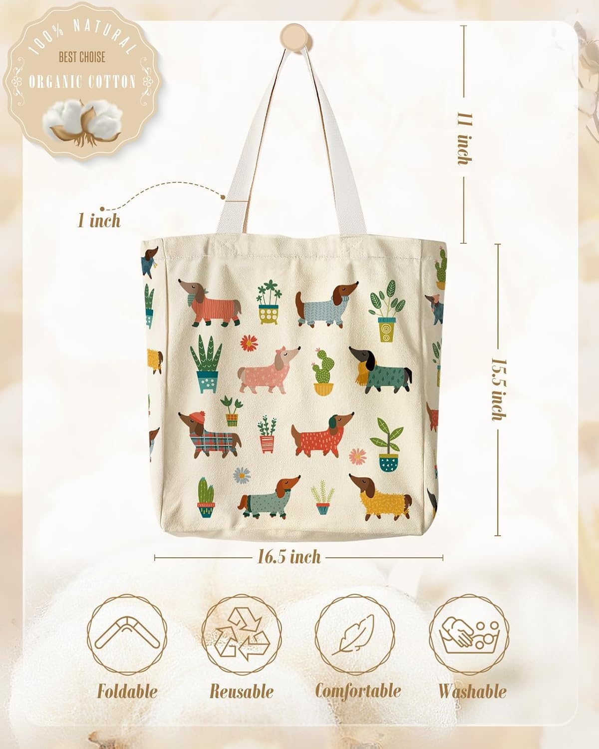 image:imageMiss Adola Large Canvas Tote Bag for Women with Zipper and Inner Pocket Aesthetic Cute Shoulder Bag for Shopping DailyPuppy Plants