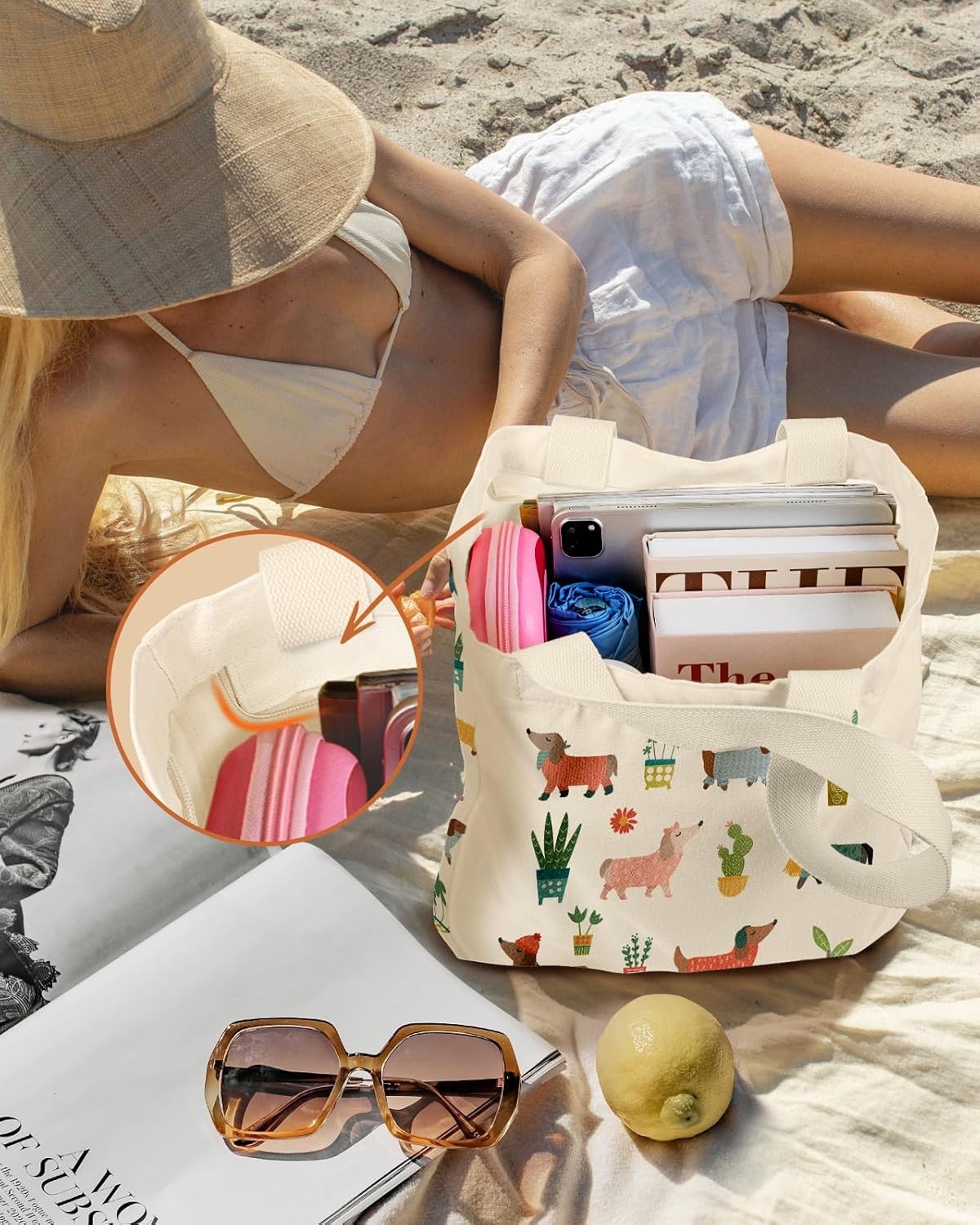 image:imageMiss Adola Large Canvas Tote Bag for Women with Zipper and Inner Pocket Aesthetic Cute Shoulder Bag for Shopping DailyPuppy Plants