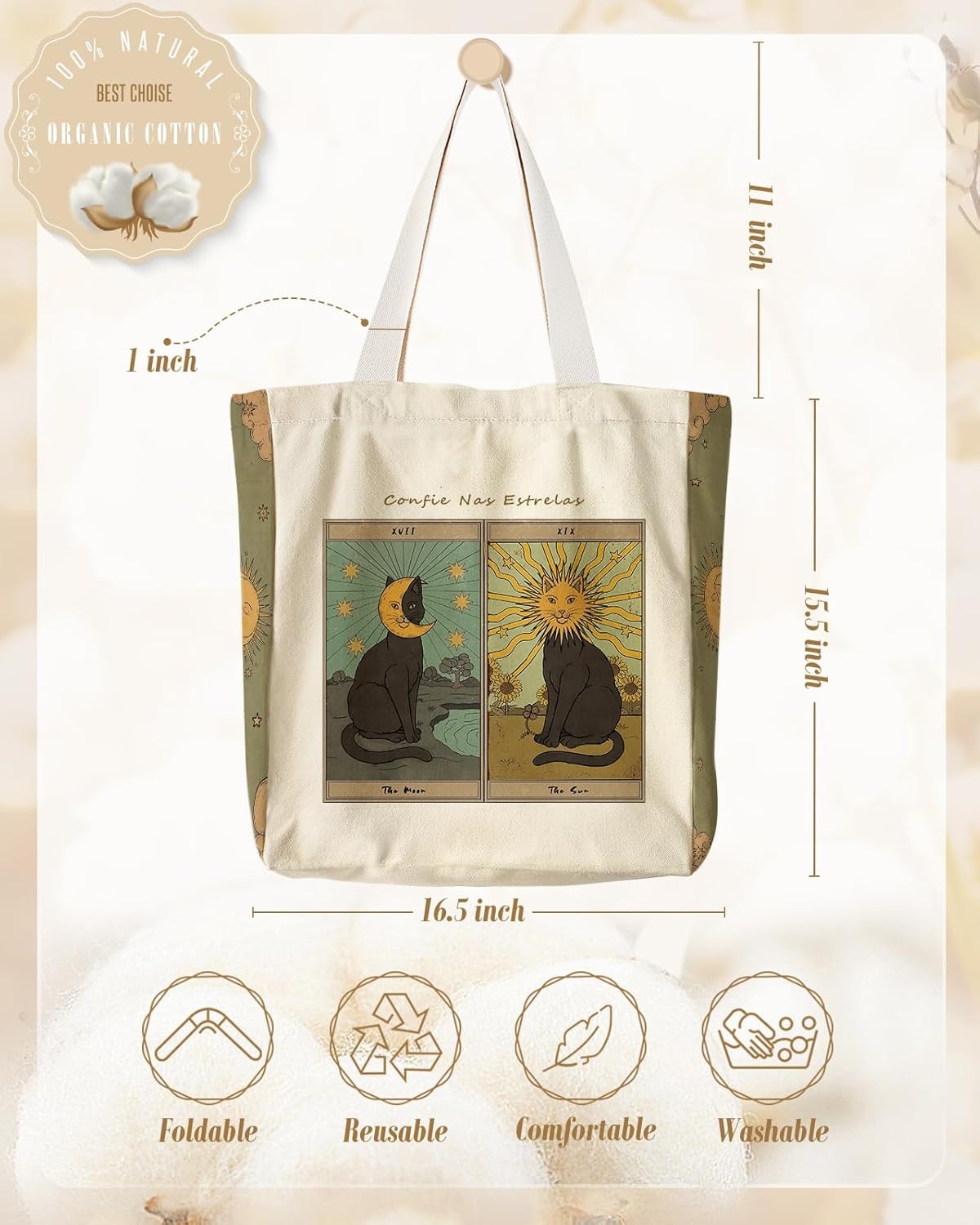 image:imageMiss Adola Large Canvas Tote Bag for Women with Zipper and Inner Pocket Aesthetic Cute Shoulder Bag for Shopping DailySun Moon Cats