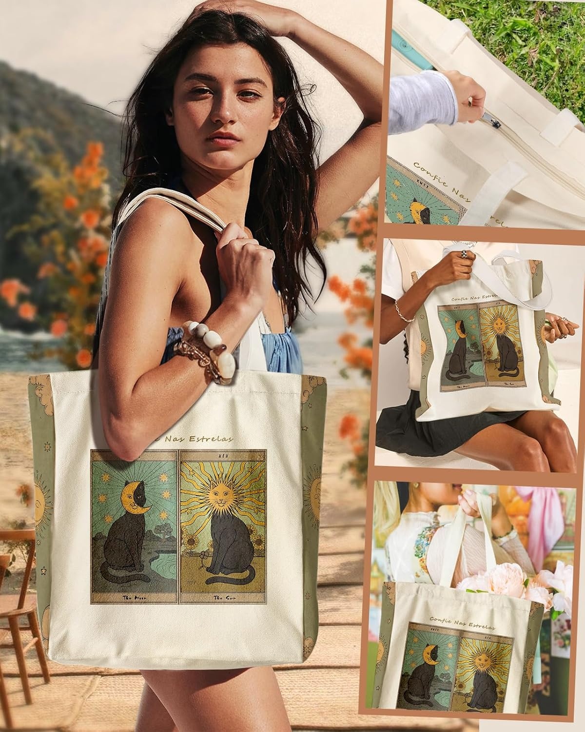 image:imageMiss Adola Large Canvas Tote Bag for Women with Zipper and Inner Pocket Aesthetic Cute Shoulder Bag for Shopping DailySun Moon Cats