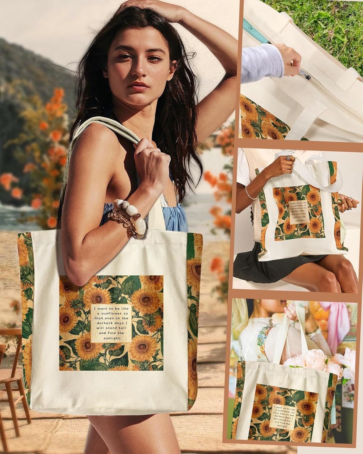 image:imageMiss Adola Large Canvas Tote Bag for Women with Zipper and Inner Pocket Aesthetic Cute Shoulder Bag for Shopping DailySunflower Text