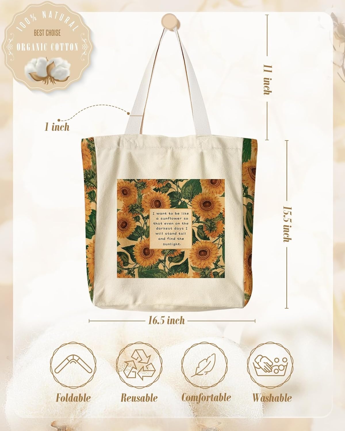 image:imageMiss Adola Large Canvas Tote Bag for Women with Zipper and Inner Pocket Aesthetic Cute Shoulder Bag for Shopping DailySunflower Text