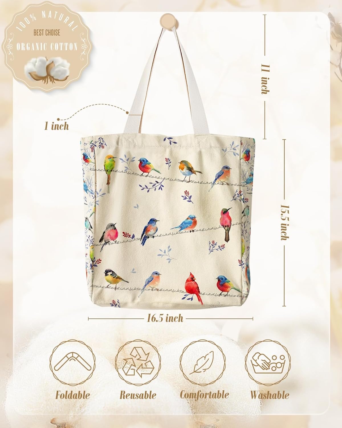image:imageMiss Adola Large Canvas Tote Bag for Women with Zipper and Inner Pocket Aesthetic Cute Shoulder Bag for Shopping DailyWatercolor Bird