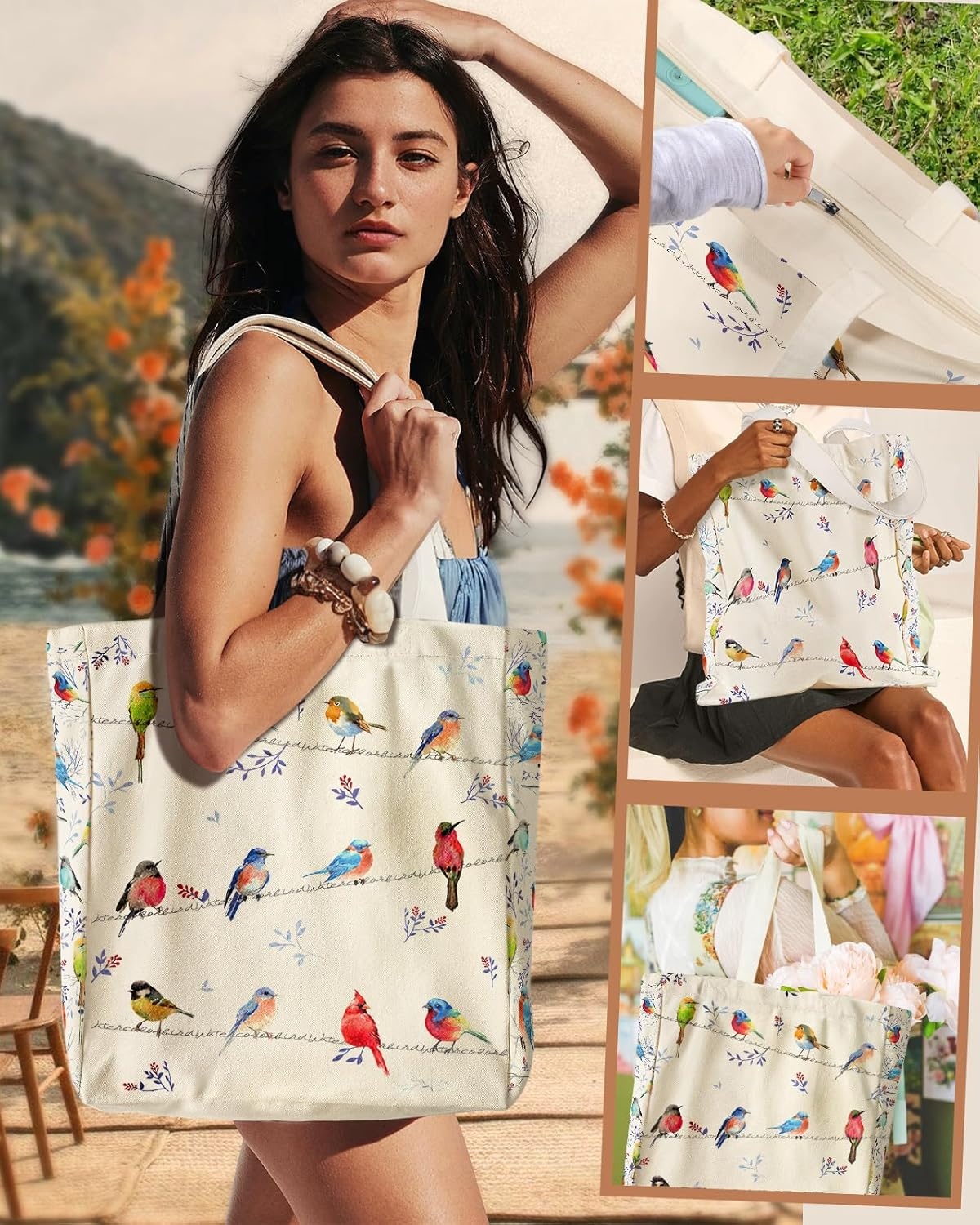 image:imageMiss Adola Large Canvas Tote Bag for Women with Zipper and Inner Pocket Aesthetic Cute Shoulder Bag for Shopping DailyWatercolor Bird