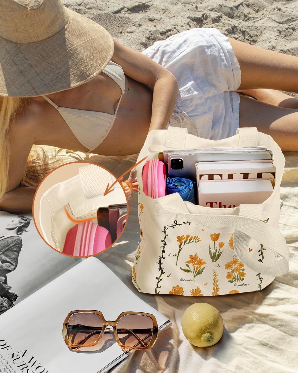 image:imageMiss Adola Large Canvas Tote Bag for Women with Zipper and Inner Pocket Aesthetic Cute Shoulder Bag for Shopping DailyYellow Flowers