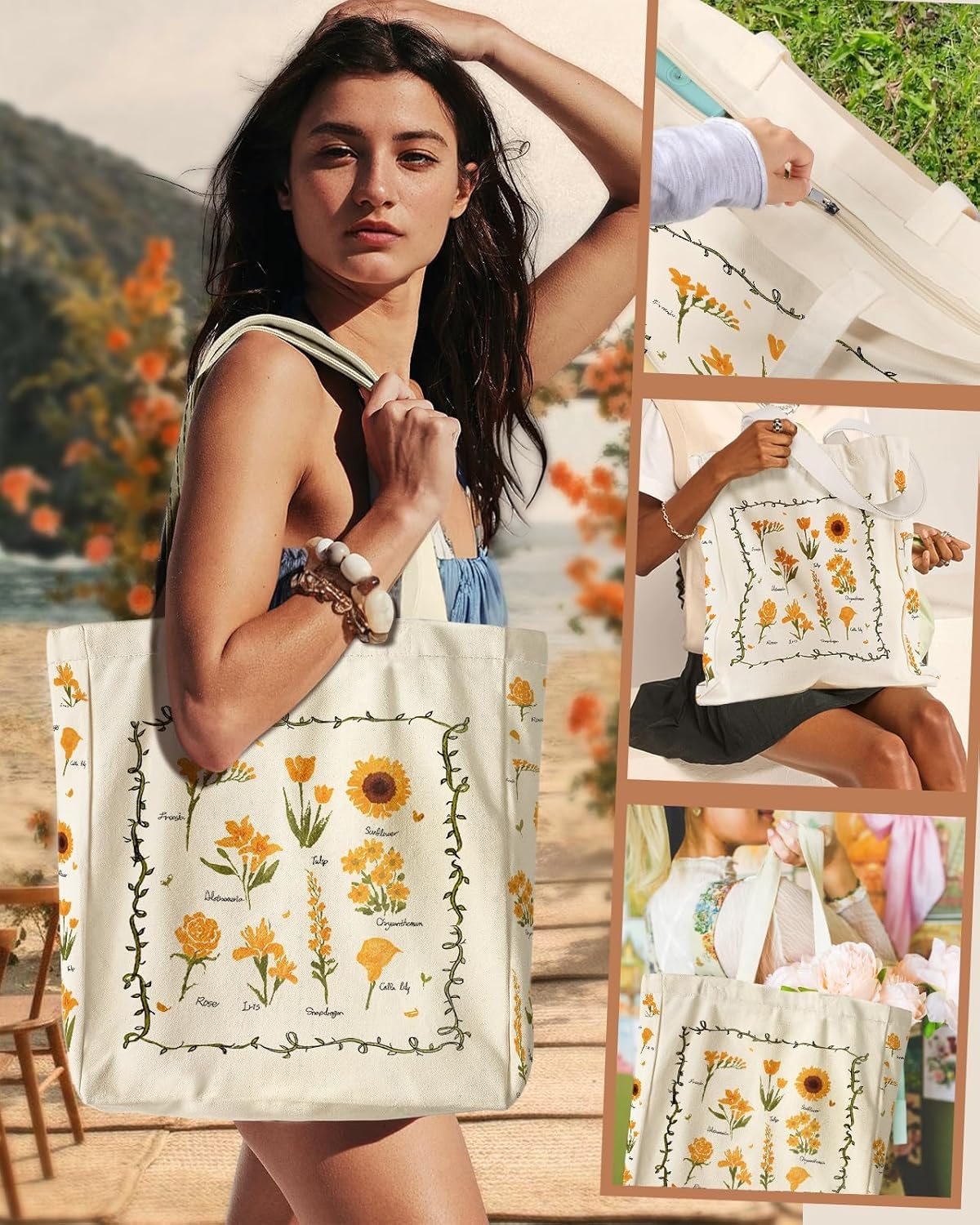 image:imageMiss Adola Large Canvas Tote Bag for Women with Zipper and Inner Pocket Aesthetic Cute Shoulder Bag for Shopping DailyYellow Flowers