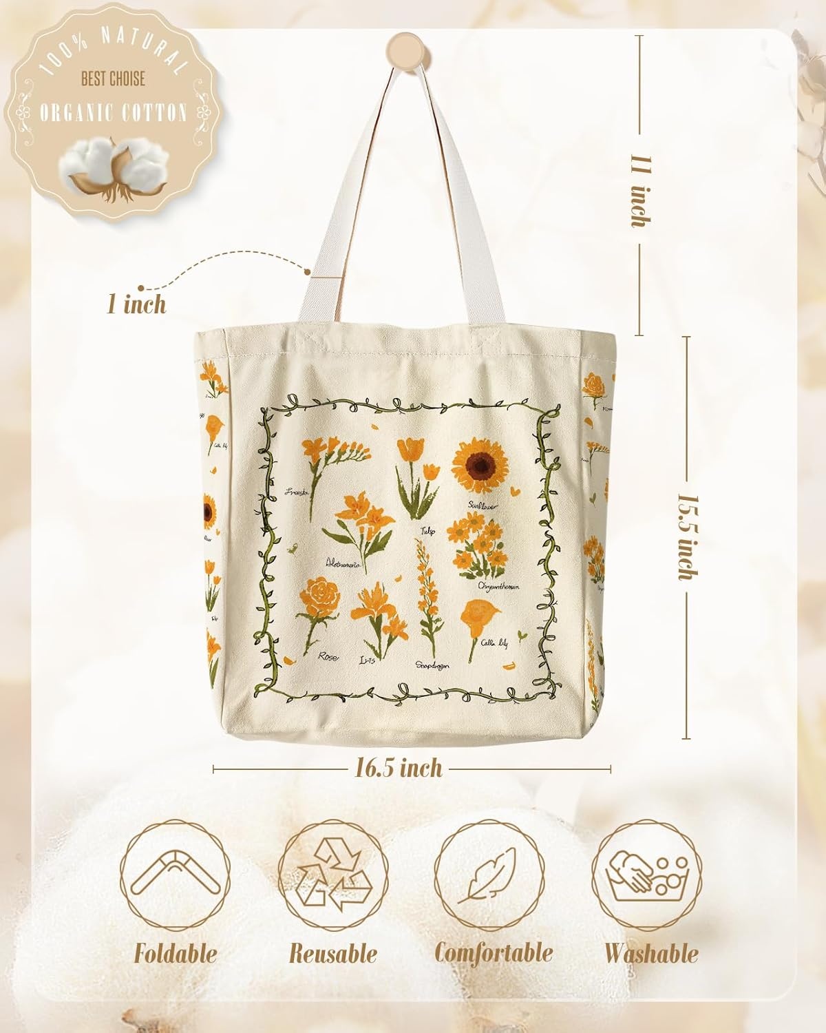image:imageMiss Adola Large Canvas Tote Bag for Women with Zipper and Inner Pocket Aesthetic Cute Shoulder Bag for Shopping DailyYellow Flowers