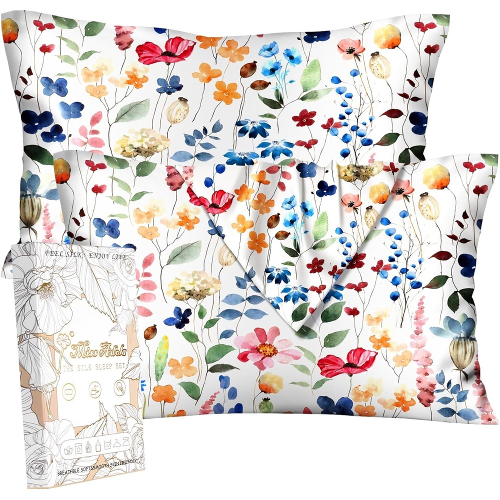 image:imageMiss Adola 2 Pack Mulberry Silk Pillowcase for Hair and Skin Standard Size 20 x 26 Inches with Hidden Zipper Watercolor Strawberry 19 Momme Soft Sleeping Silk Pillow Case for Women MomsWatercolor Flower