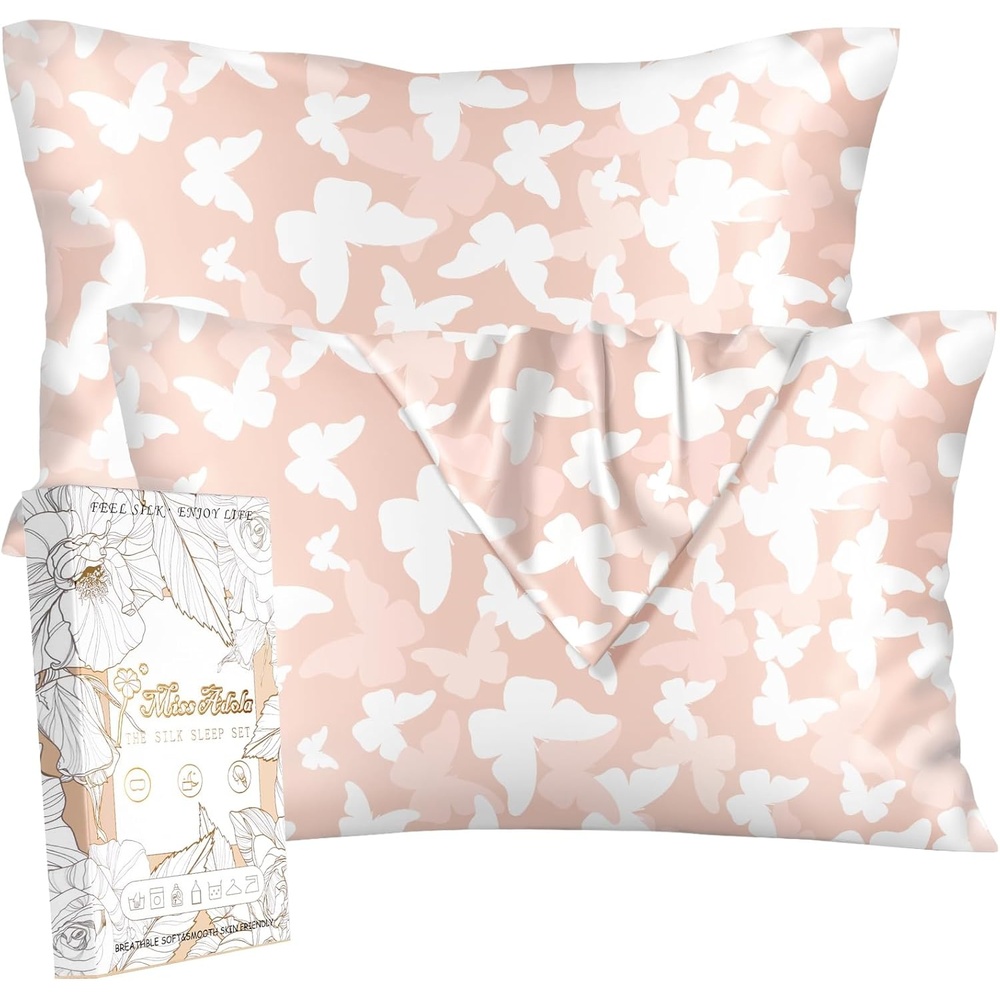 image:imageMiss Adola 2 Pack Mulberry Silk Pillowcase for Hair and Skin Standard Size 20 x 26 Inches with Hidden Zipper Watercolor Strawberry 19 Momme Soft Sleeping Silk Pillow Case for Women MomsPk Butterfly