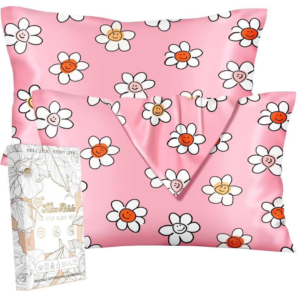 image:imageMiss Adola 2 Pack Mulberry Silk Pillowcase for Hair and Skin Standard Size 20 x 26 Inches with Hidden Zipper Watercolor Strawberry 19 Momme Soft Sleeping Silk Pillow Case for Women MomsPk Laugh Flower