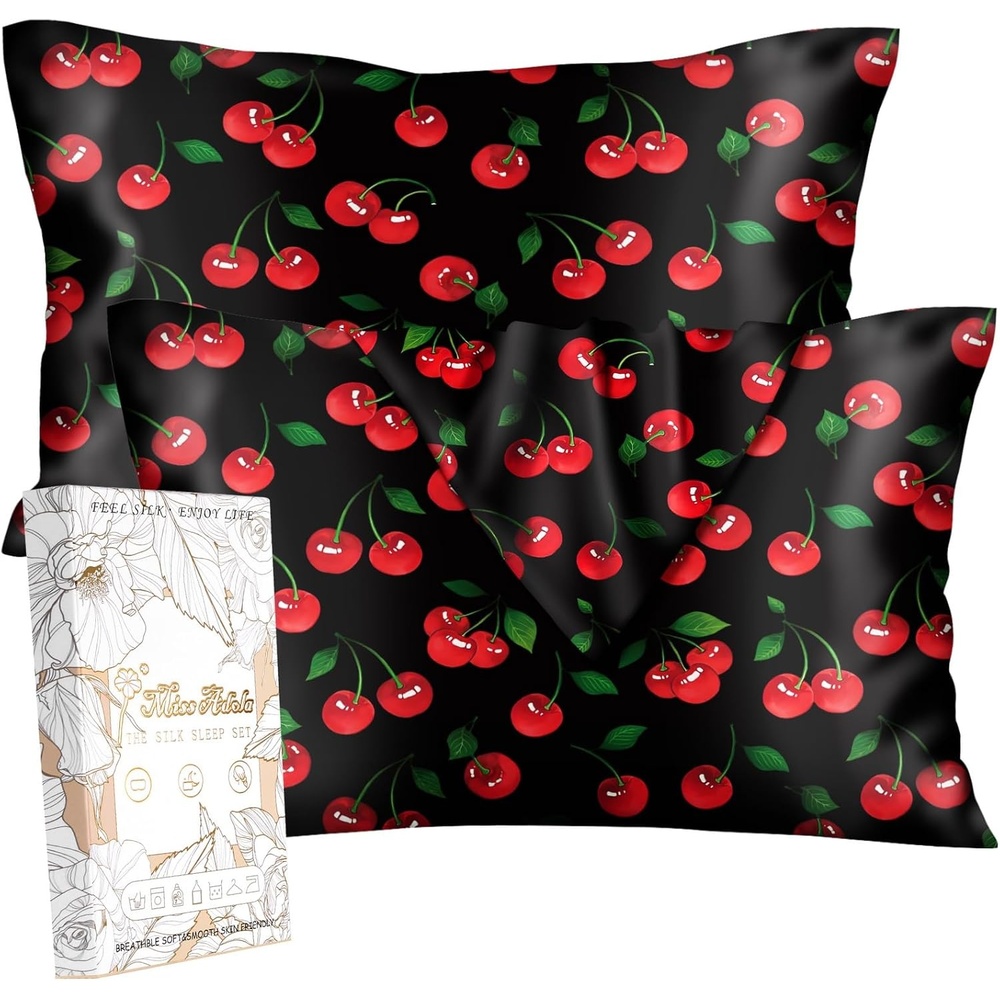 image:imageMiss Adola 2 Pack Mulberry Silk Pillowcase for Hair and Skin Standard Size 20 x 26 Inches with Hidden Zipper Watercolor Strawberry 19 Momme Soft Sleeping Silk Pillow Case for Women MomsShiny Cherry