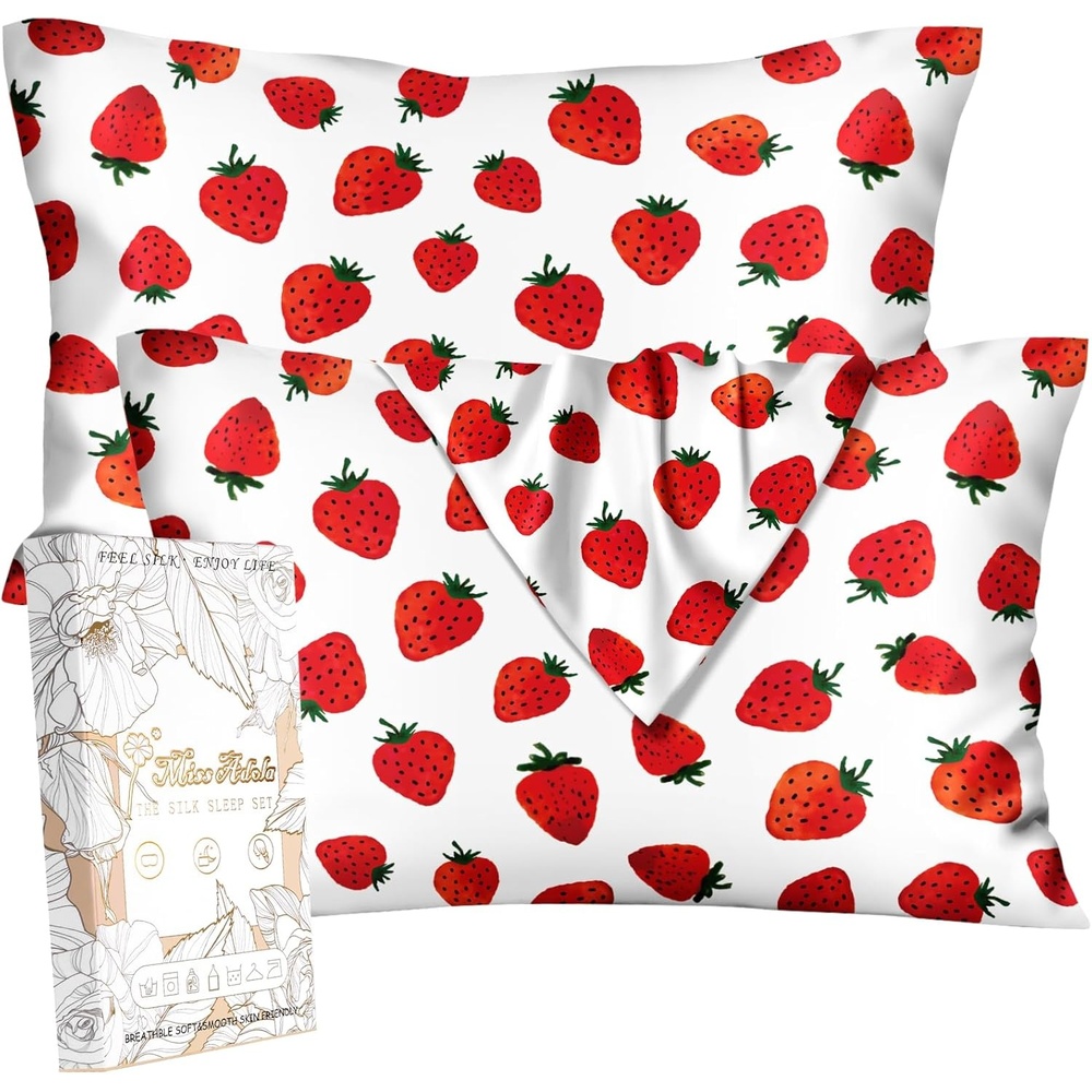 image:imageMiss Adola 2 Pack Mulberry Silk Pillowcase for Hair and Skin Standard Size 20 x 26 Inches with Hidden Zipper Watercolor Strawberry 19 Momme Soft Sleeping Silk Pillow Case for Women MomsWatercolor Strawberry