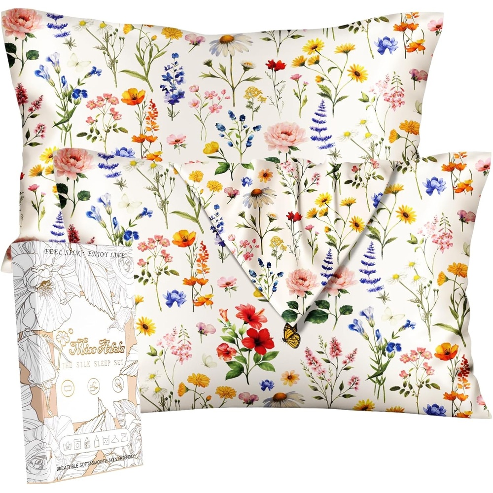 image:imageMiss Adola 2 Pack Mulberry Silk Pillowcase for Hair and Skin Standard Size 20 x 26 Inches with Hidden Zipper Watercolor Strawberry 19 Momme Soft Sleeping Silk Pillow Case for Women MomsBeige Flower