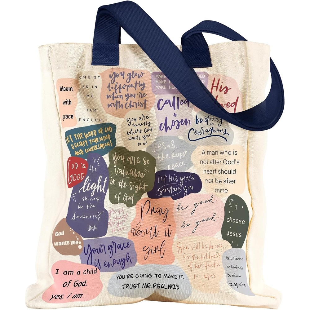 image:imageMiss Adola Aesthetic Heavy Canvas Tote Bag with Pocket for Women Cloth Gusseted Totes Bag with Pattern for ShoppingChristian Quotes