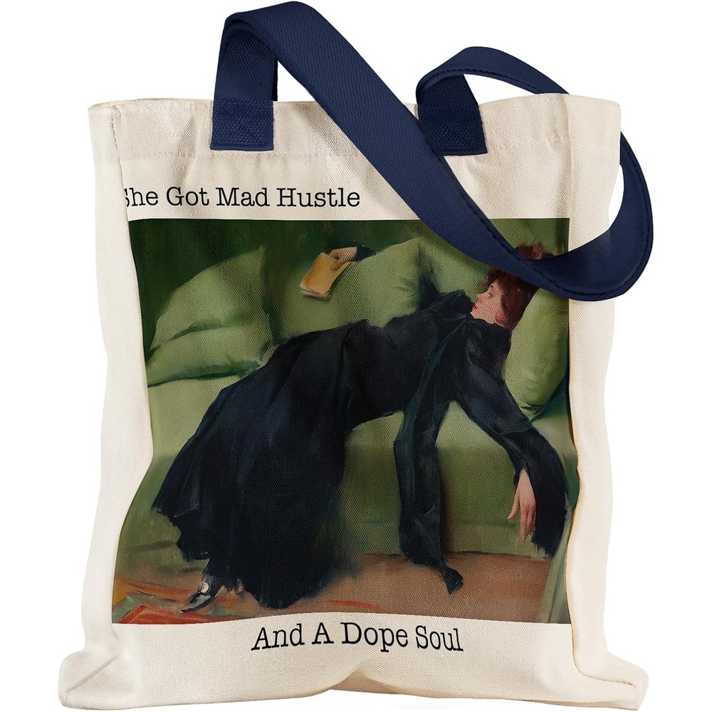 image:imageMiss Adola Aesthetic Heavy Canvas Tote Bag with Pocket for Women Cloth Gusseted Totes Bag with Pattern for ShoppingLying Woman