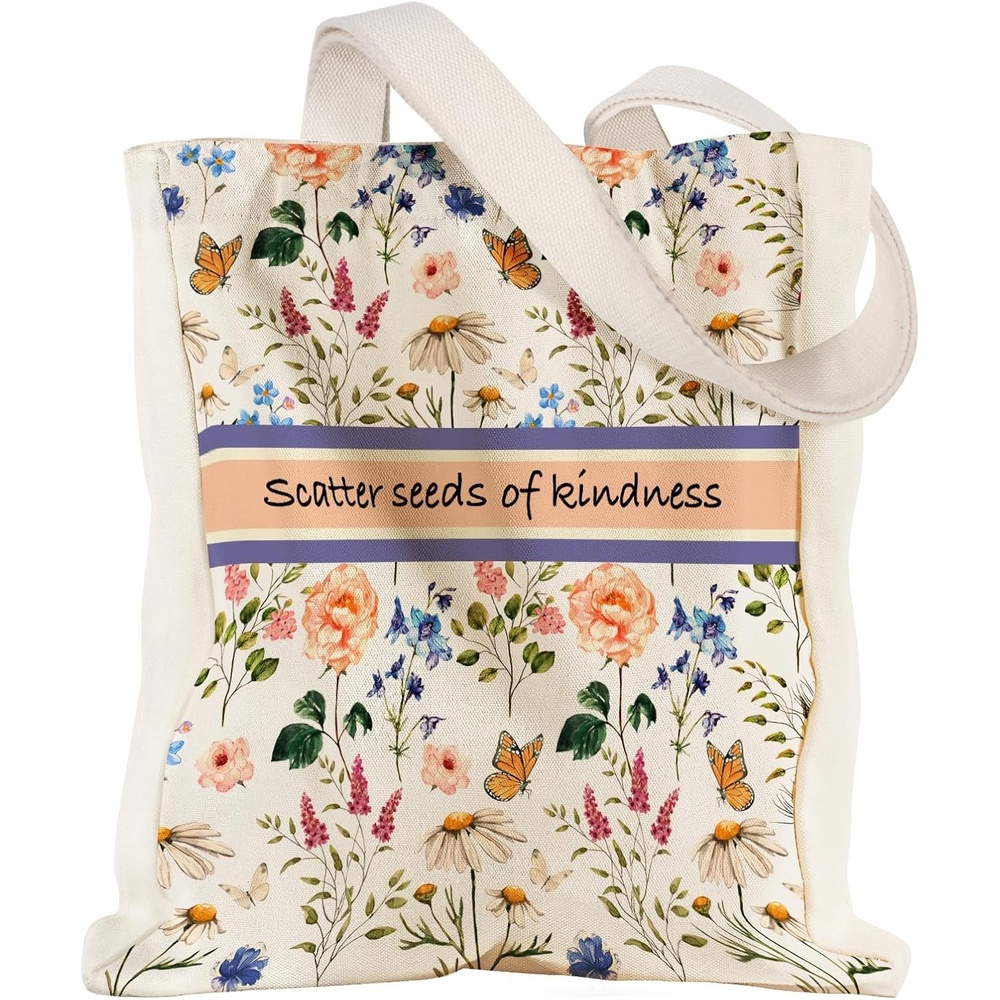 image:imageMiss Adola Aesthetic Heavy Canvas Tote Bag with Pocket for Women Cloth Gusseted Totes Bag with Pattern for ShoppingSeeds of Kindness
