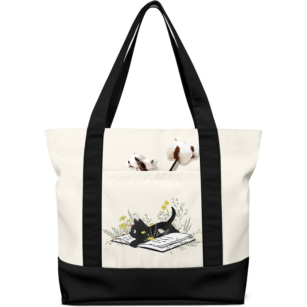 image:imageMiss Adola Large Canvas Tote Bag Zipper Closure Outside Pocket Size 17514 Aesthetic Boat Bag for Women CottonBlack Cat