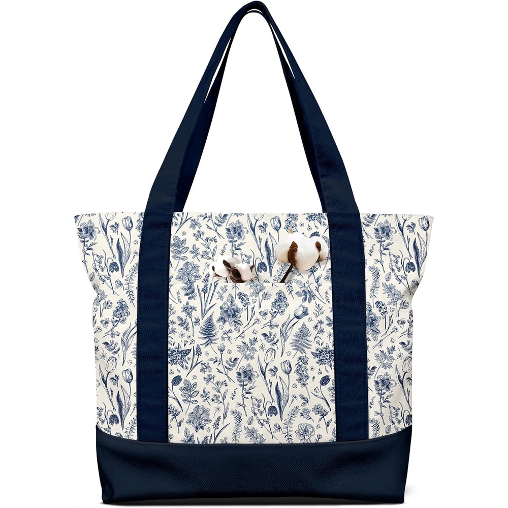 image:imageMiss Adola Large Canvas Tote Bag Zipper Closure Outside Pocket Size 17514 Aesthetic Boat Bag for Women CottonBlue Line Flower