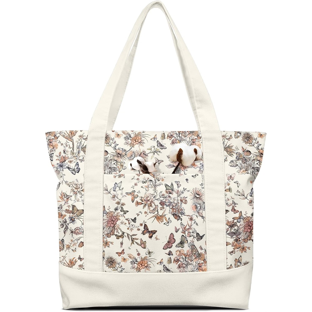 image:imageMiss Adola Large Canvas Tote Bag Zipper Closure Outside Pocket Size 17514 Aesthetic Boat Bag for Women CottonFull Butterfly