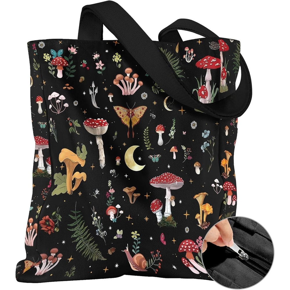 image:imageMiss Adola Large Canvas Tote Bag for Women with Zipper and Inner Pocket Aesthetic Cute Shoulder Bag for Shopping DailyBlack Mushroom