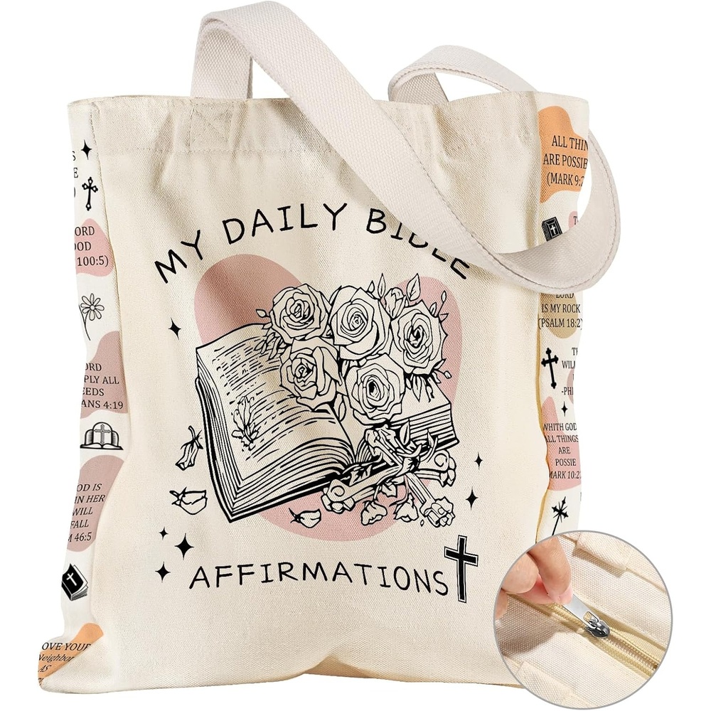 image:imageMiss Adola Large Canvas Tote Bag for Women with Zipper and Inner Pocket Aesthetic Cute Shoulder Bag for Shopping DailyBook Biblical Texts