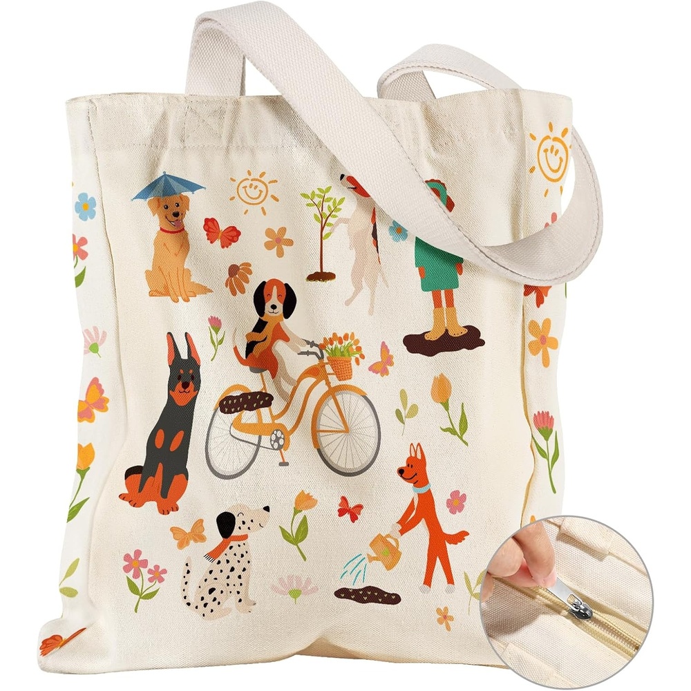 image:imageMiss Adola Large Canvas Tote Bag for Women with Zipper and Inner Pocket Aesthetic Cute Shoulder Bag for Shopping DailyCycling Puppy