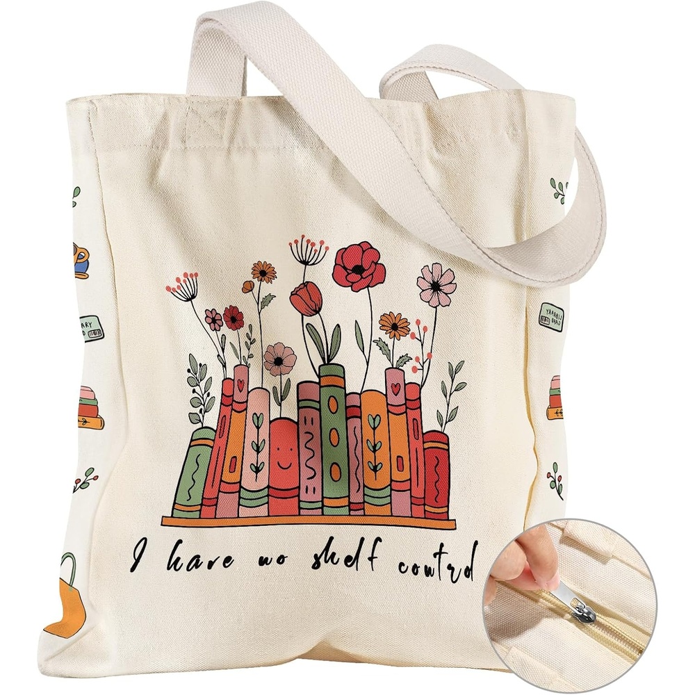 image:imageMiss Adola Large Canvas Tote Bag for Women with Zipper and Inner Pocket Aesthetic Cute Shoulder Bag for Shopping DailyFlower Book Text