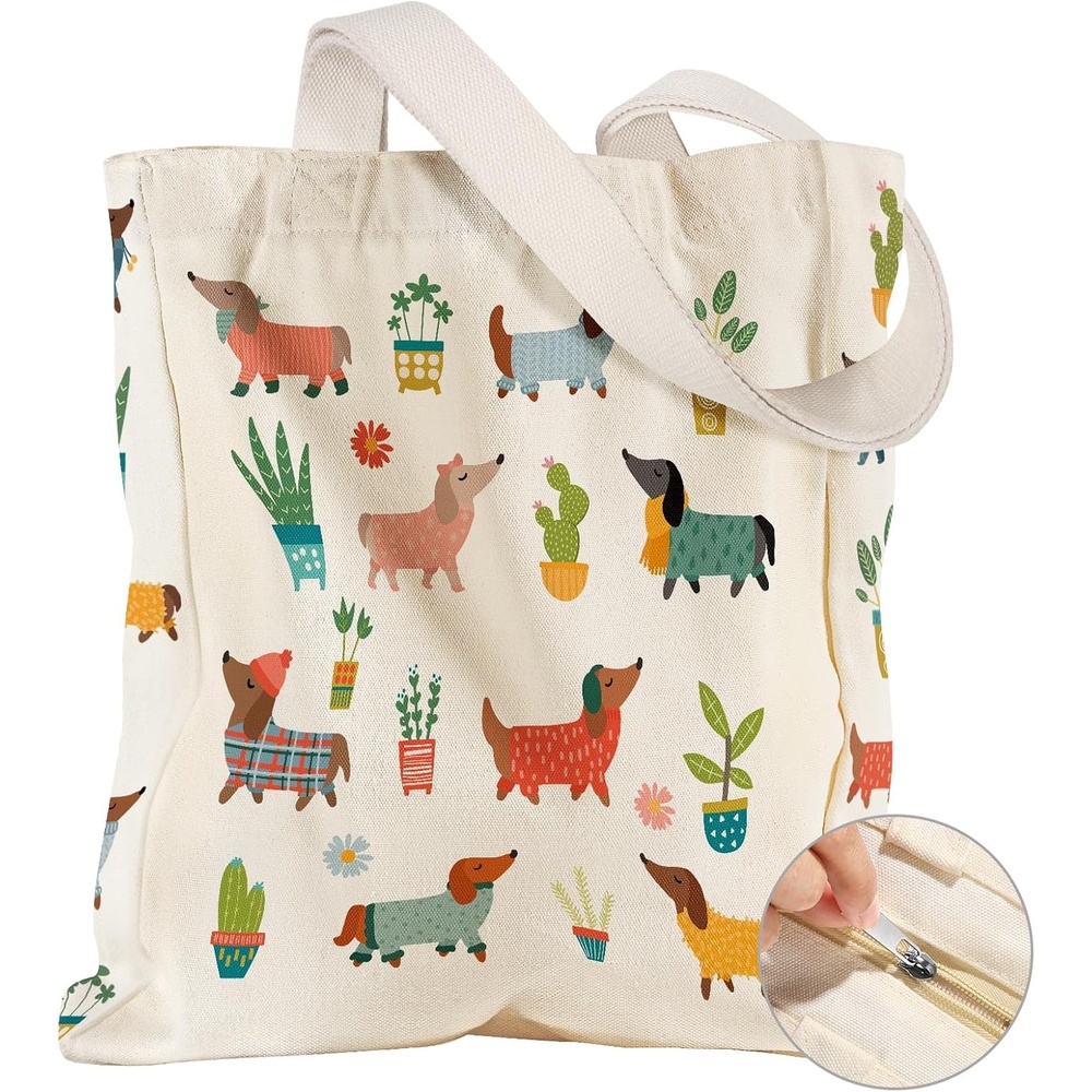 image:imageMiss Adola Large Canvas Tote Bag for Women with Zipper and Inner Pocket Aesthetic Cute Shoulder Bag for Shopping DailyPuppy Plants
