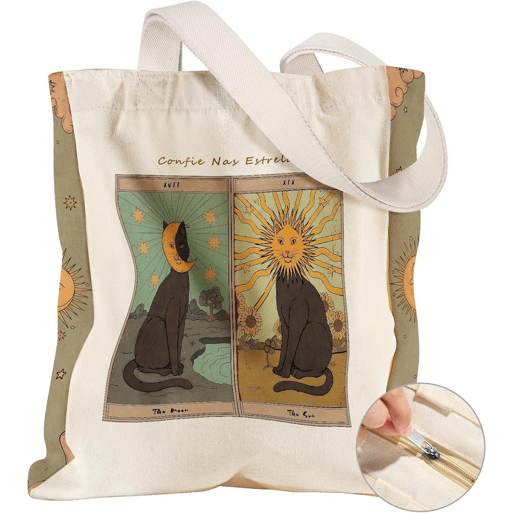 image:imageMiss Adola Large Canvas Tote Bag for Women with Zipper and Inner Pocket Aesthetic Cute Shoulder Bag for Shopping DailySun Moon Cats